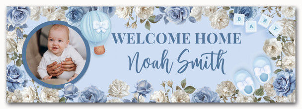 Personalised Party Banner For Christening Boy Photo Blue Flowers Cross