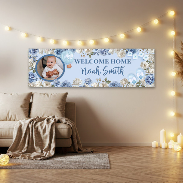 Personalised Party Banner For Christening Boy Photo Blue Flowers Cross