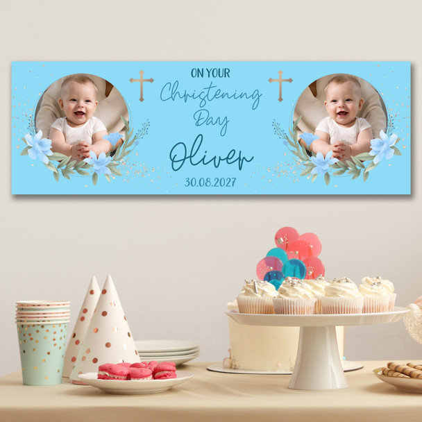 Personalised Party Banner For Christening Boys Photo Blue Flowers