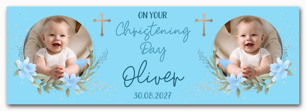 Personalised Party Banner For Christening Boys Photo Blue Flowers