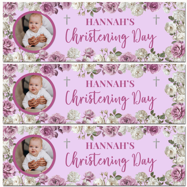 Personalised Party Banner For Christening Girl Photo Pink Flowers Cross