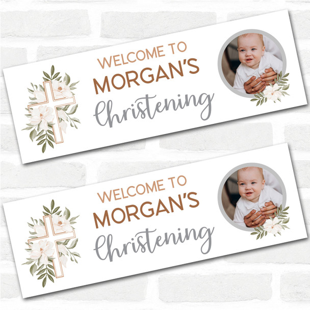 Personalised Party Banner For Christening Photo Welcome Cross Green Foliage