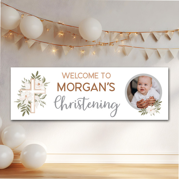 Personalised Party Banner For Christening Photo Welcome Cross Green Foliage