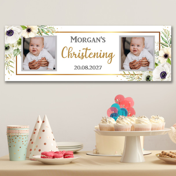 Personalised Party Banner For Christening Photo White Flowers Gold