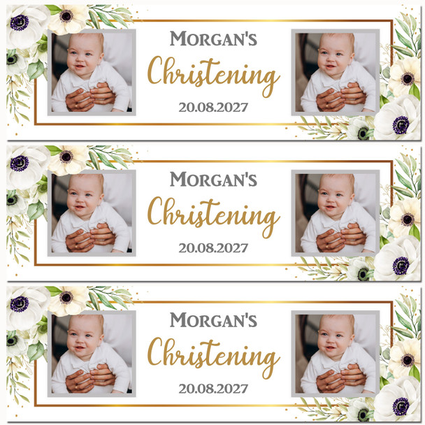 Personalised Party Banner For Christening Photo White Flowers Gold