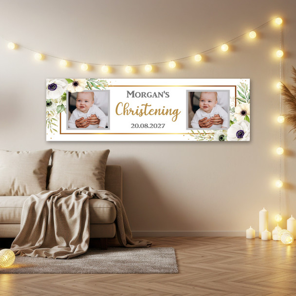 Personalised Party Banner For Christening Photo White Flowers Gold
