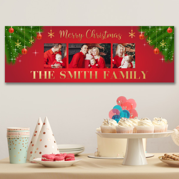 Personalised Party Banner For Christmas Family Photo Red Gold Baubles