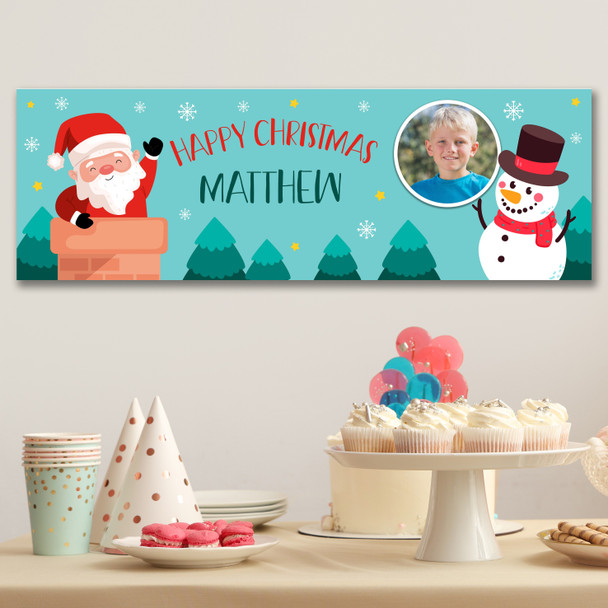 Personalised Party Banner For Christmas Photo Blue Santa Snowman