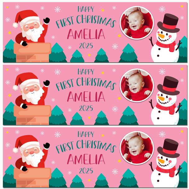 Personalised Party Banner For Christmas Photo First Christmas Pink Santa Snowman