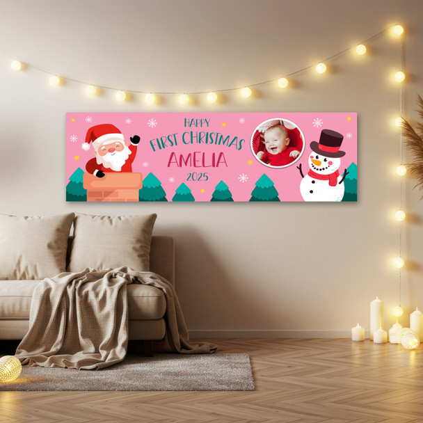 Personalised Party Banner For Christmas Photo First Christmas Pink Santa Snowman