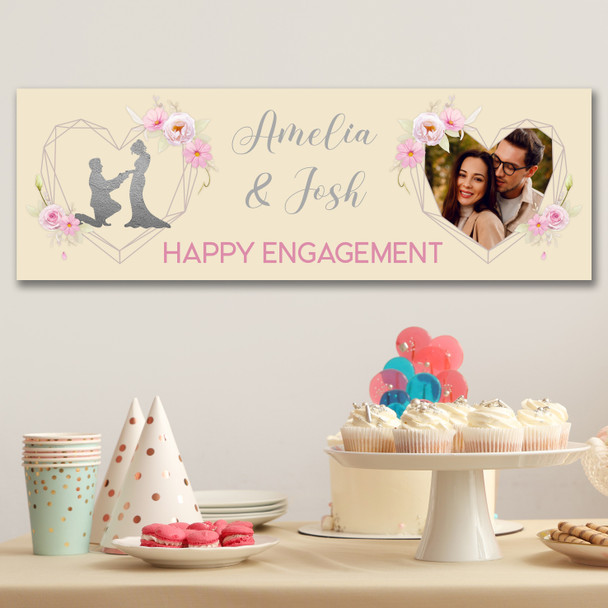 Personalised Party Banner For Engagement Party Photo Yellow Pink Flowers Heart