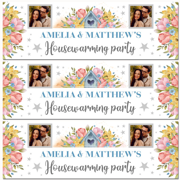 Personalised Party Banner For Housewarming New Home Photo Flowers Birdhouse