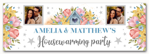 Personalised Party Banner For Housewarming New Home Photo Flowers Birdhouse