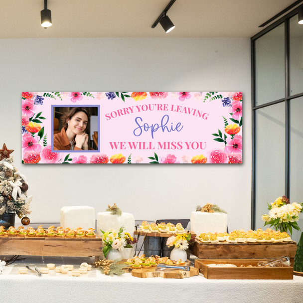 Personalised Party Banner For Sorry You're Leaving Photo Pink Flowers