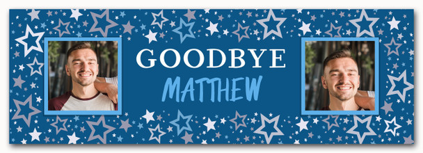 Personalised Party Banner For Goodbye Sorry You're Leaving Male Photo Blue Stars