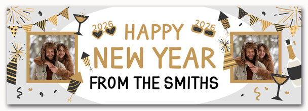 Personalised Party Banner For New Year Photo Family Gold Glasses 2026
