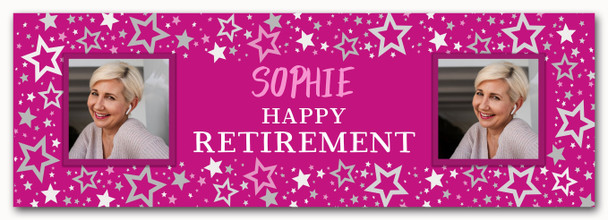 Personalised Party Banner For Retirement Female Photo Pink Stars