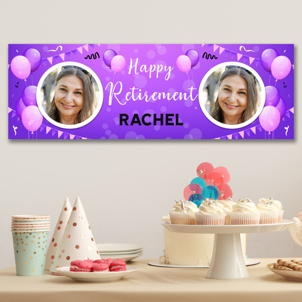 Personalised Party Banner For Retirement Photo Female Purple Balloons