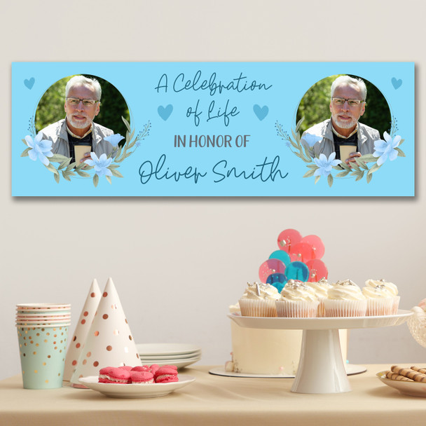 Personalised Party Banner For Funeral Celebration Of Life Male Photo Blue