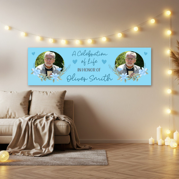 Personalised Party Banner For Funeral Celebration Of Life Male Photo Blue