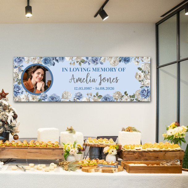 Personalised Party Banner For Funeral Wake Loving Memory Female Photo Blue