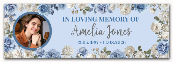 Personalised Party Banner For Funeral Wake Loving Memory Female Photo Blue
