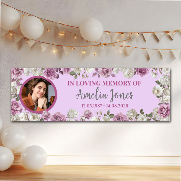 Personalised Party Banner For Funeral Wake Loving Memory Female Photo Pink