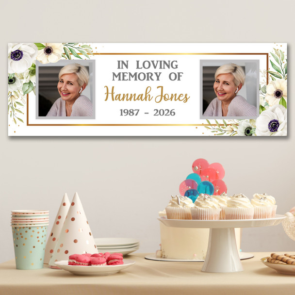 Personalised Party Banner For Funeral Wake Loving Memory Photo White Gold