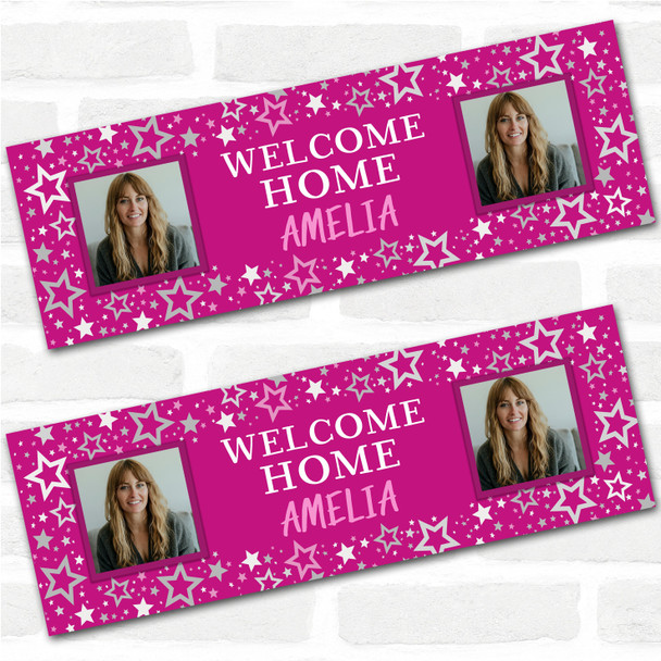 Personalised Party Banner For Welcome Home Travelling Female Photo Pink Stars