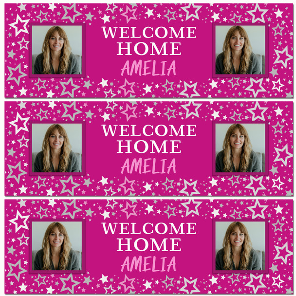 Personalised Party Banner For Welcome Home Travelling Female Photo Pink Stars