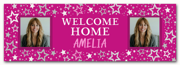 Personalised Party Banner For Welcome Home Travelling Female Photo Pink Stars
