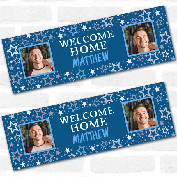 Personalised Party Banner For Welcome Home Travelling Male Photo Blue Stars