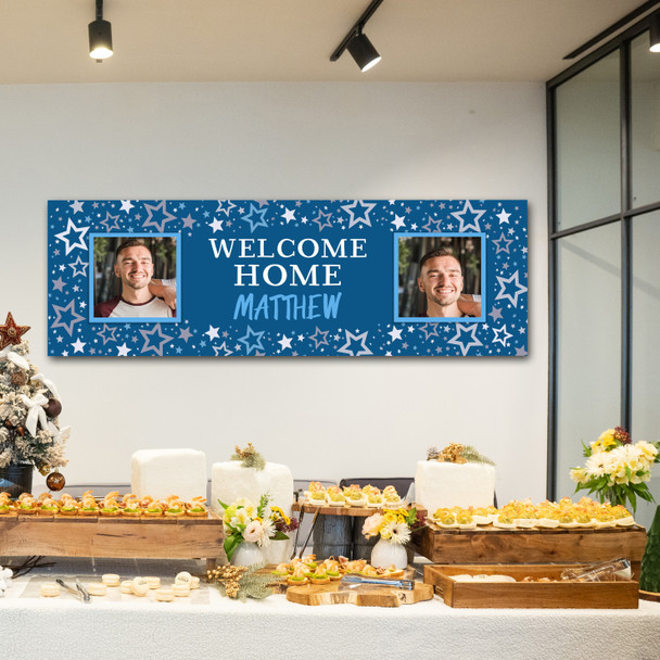 Personalised Party Banner For Welcome Home Travelling Male Photo Blue Stars