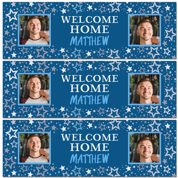 Personalised Party Banner For Welcome Home Travelling Male Photo Blue Stars