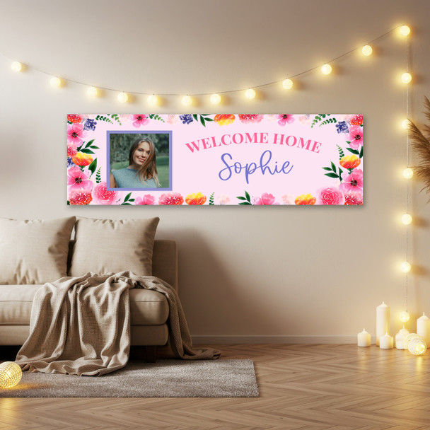 Personalised Party Banner For Welcome Home Travelling Photo Pink Flowers