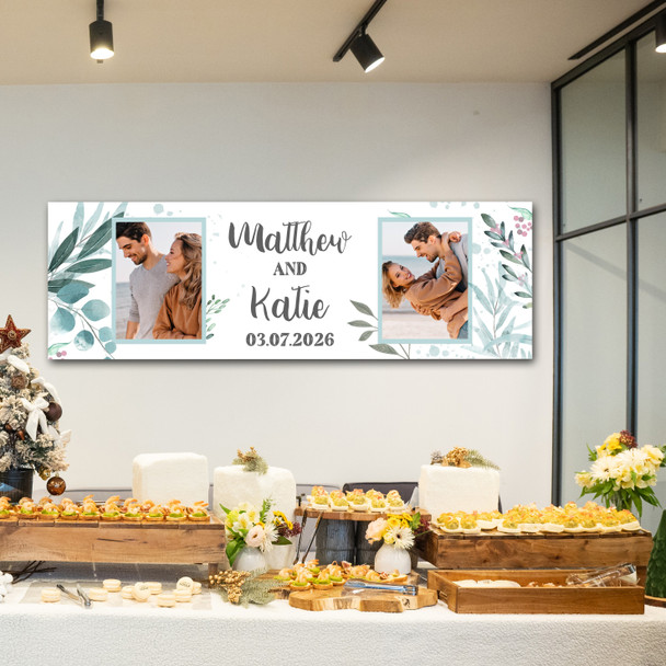 Personalised Party Banner For Wedding Day Photo Foliage Green Leaves Silver