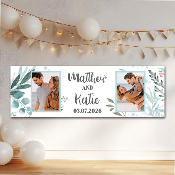 Personalised Party Banner For Wedding Day Photo Foliage Green Leaves Silver