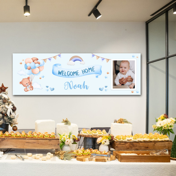 Personalised Party Banner For New Baby Boy Welcome Home Photo Bear Blue Balloons