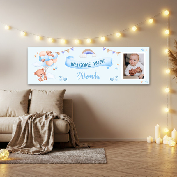 Personalised Party Banner For New Baby Boy Welcome Home Photo Bear Blue Balloons