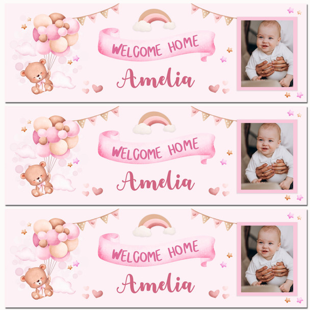 Personalised Party Banner For New Baby Girl Welcome Home Photo Bear Pink Balloon