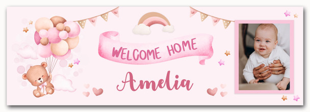 Personalised Party Banner For New Baby Girl Welcome Home Photo Bear Pink Balloon