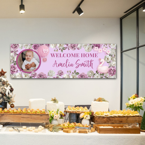 Personalised Party Banner For Welcome Home New Baby Girl Photo Pink Flowers Swan