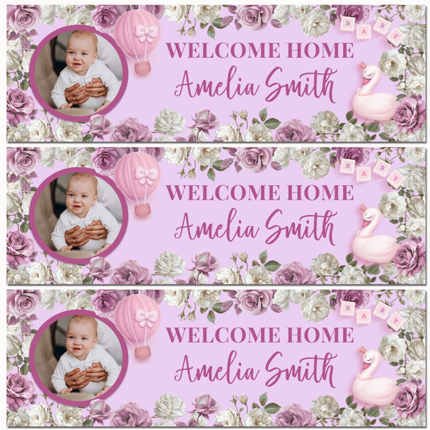 Personalised Party Banner For Welcome Home New Baby Girl Photo Pink Flowers Swan