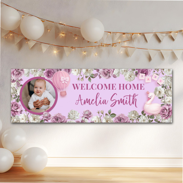 Personalised Party Banner For Welcome Home New Baby Girl Photo Pink Flowers Swan