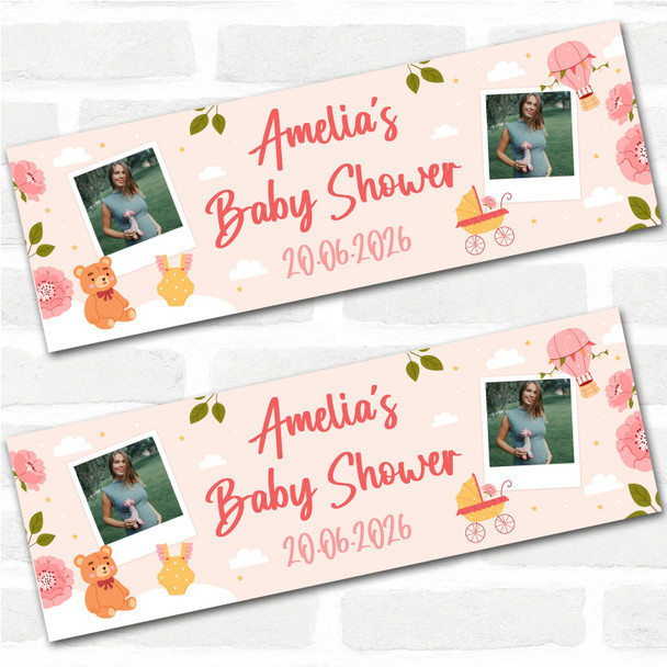 Personalised Party Banner For Baby Shower Photo Peach Pink Bear