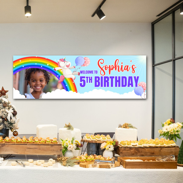 Personalised Party Banner For Kids Birthday Rainbow Unicorn Photo