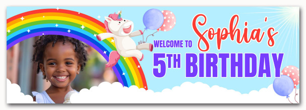 Personalised Party Banner For Kids Birthday Rainbow Unicorn Photo