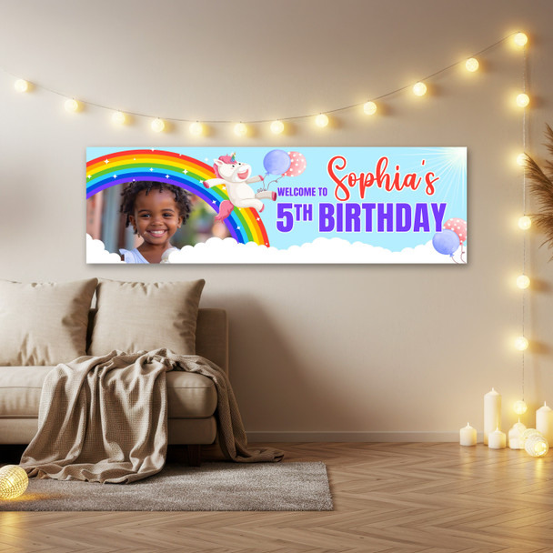 Personalised Party Banner For Kids Birthday Rainbow Unicorn Photo