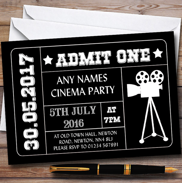 Black Admit One Movie Film Cinema Childrens Birthday Party Invitations