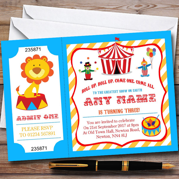 Blue & Orange Circus Personalised Childrens Birthday Party Invitations